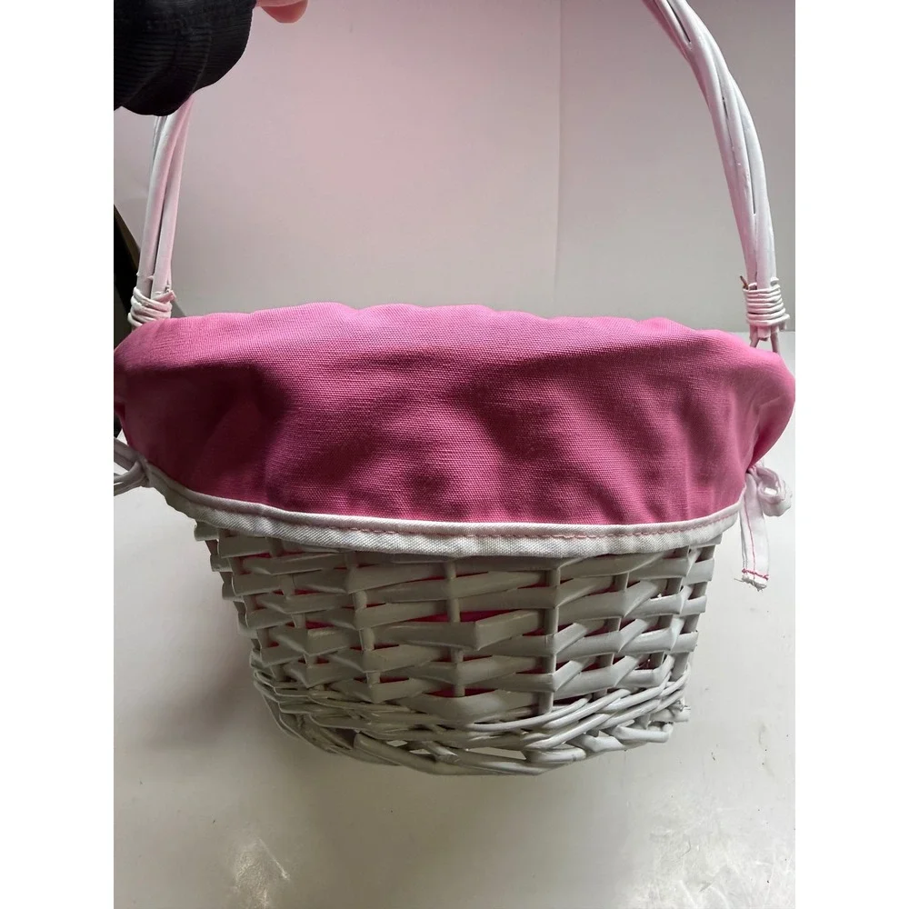 White Wicker Easter Basket with Pink Initial J Embroidered Liner and Handle